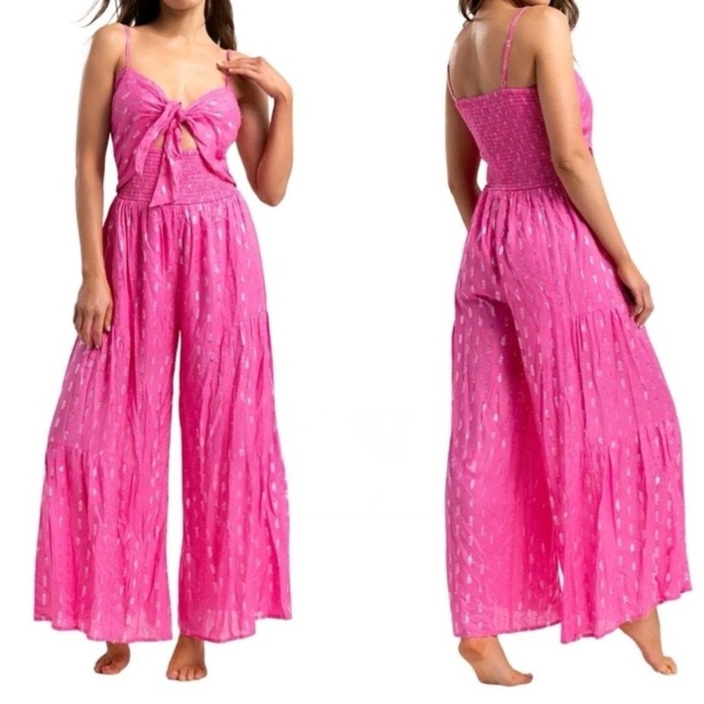 Beach Bunny Pink Metallic Shimmer Wide Leg Tiered Jumpsuit Womens Small Boho